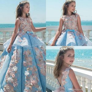 Mavi Tasarımcı Dantelli Kızlar Pageant Balo Gown 3d Çiçekler Tatil Düğün Elbiseleri Genç Prenses Çocuklar Toddler Doğum Günü Kızlar '