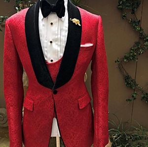 Bir Düğme Siyah / Kırmızı Paisley Damat smokin Şal Yaka Groomsmen Mens Suits Düğün / Gelinlik / Akşam Blazer (Ceket + Pantolon + Vest + Tie) K129