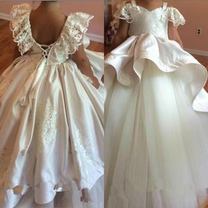 Kızlar Düğünler İçin Sevimli Çiçek Elbiseleri Kare Boyun Altı Dantel Kabarık Pageant Parti Elbise Doğum Günü