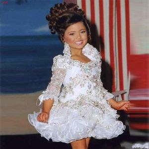 Glitz Pageant Dresses For Girls Little Girl Gowns 3 4 Sleeve Beads Crystal Rhinestone Ruffles cupcake pageant dress294R