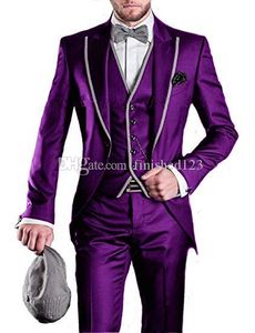 Çok iyi Tek Düğme Mor Damat Smokin Tepe Yaka Erkekler 3 Parça Düğün Takım Elbise / Balo / Akşam Yemeği Blazer (Ceket + Pantolon + Yelek + Kravat) W540