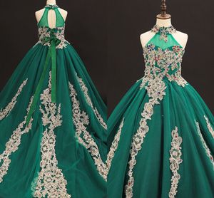 Vintage Yeşil Kızlar Pageant Elbiseler Yüksek Boyun Uzun Tren Ile Aplike Boncuklu Kristal Çiçek Kız Elbise Düğün Çocuklar için Parti Vetement