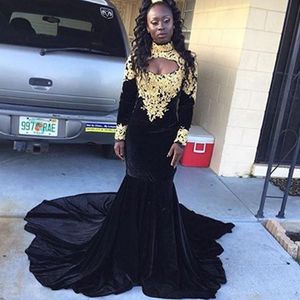 african black velvet mermaid prom dresses high neck sweep train gold applique long plus size formal black girls evening party gowns