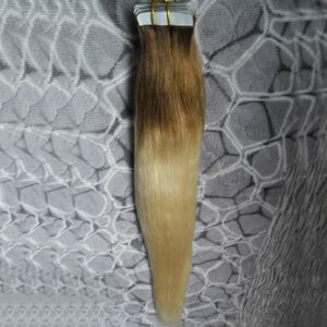 T6 / 60 Kahverengi Ve Sarışın Bakire Brezilyalı Ombre Saç Iki ton Bant Saç Uzantıları Çift PU Cilt Atkı Bantlar İnsan Saç Uzantıları 100G