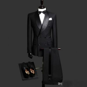 Mens Suits Siyah Damat Düğün Smokin Şal Yüzü İnce Fit Bride Damat Resmi Giyim Düğünler İçin En İyi Erkekler Takım Ceket ve Pantolon