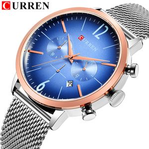 Curren Fashioncasual Chronograph Sport Mens Quartz Saatler Mesh Steel Band bilek izleme Tarihi Saat Relogio Maskulino