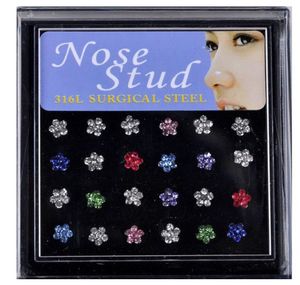 24pcs Crystal Nose Ring Studs Fashion Body Women Girl Jewelry Stainless Surgical Steel Flower Nose Piercing Colorful Rhinestone