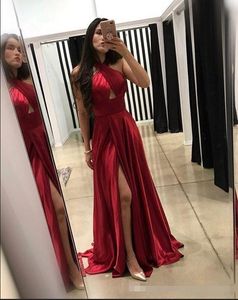 Yeni Halter Koyu Kırmızı A-Line Gelinlik 2020 Ucuz Abiye Giyim yüksek yan Yarık vestidos de Fiesta Parti Wear dantelli korse yalvardı