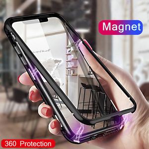 Magnetic Caso adsorção de metal para iPhone para 11 XR XS MAX Samsung NOTA 10 Caso corpo Full Metal com Voltar vidro temperado