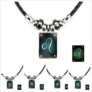 Leuchtende 12 Sternzeichen-Halsketten, die im Dunkeln leuchten, Sternbild Obsidian, Anhänger, Lederseilketten für Damen und Herren, Schmuck im Großhandel