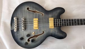 4 String Kömür Siyah Patlama Alev Akçaağaç Üst Caz Yarı İçi Beden Elektrik Bas Gitar Çift F Delik, Dot Kakmı, Altın Donanım