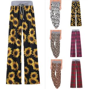 Calças perna larga Mulheres Floral Girassol manta Leopard cintura alta Comfy Pant estiramento Cordão Yoga Pants Maternidade Trouses OOA8024