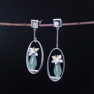 Natural Handmade Jade Carving Flor Brincos para as mulheres autêntica prata esterlina 925 Asymmetric Carta chinesa longo Dangle Earring