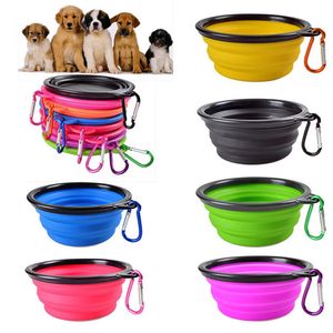 Pet silicone folding bowls Pets Dog Cat Feeding-Bowl key chain Portable Travel Collapsible dogs bowl Fashion pet food plate T9I0199