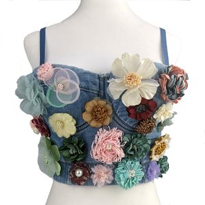 Women Blue Denim Multicolor Floral Embroidery Bralette with Colorful Three-Dimensional Cups and Flowers Appliques Fashion Crop Top Tube Top