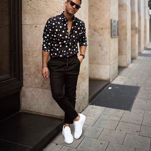 Erkek Elbise Gömlek Erkekler Gömlek Streetwear Moda Gevşek Rahat Uzun Kollu Polka Dot Baskılı Üst Bluz