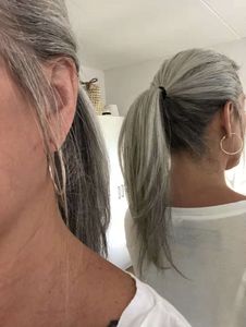 Серебряные серые человеческие волосы пони хвостовой парикмахерской обертки вокруг красителя свободный натуральный натуральный соль и перец серый волос хвостик