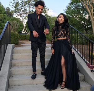 Prom Dresses 2018 Formal Evening Party Pageant Gowns African Two Pieces Long Sleeve High Neck Dubai Arbic Cheap Black Girl Couple Day