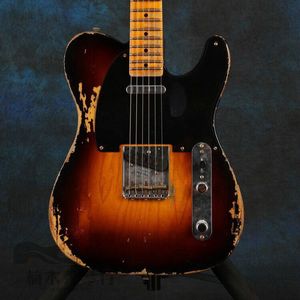 Handmade Vintage Sunburst Heavy Relic 1953 Electric Guitar Alder Body, Maple Neck & Fingerboard, 3 Brass Saddle Bridge