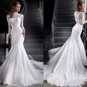 Vintage Mermaid Gelinlik Ile Dantel Uzun Kollu Ceket 2020 Yüksek Boyun Tül Aplike Mahkemesi Tren Gelinlikler Mariage Noiva Vestido