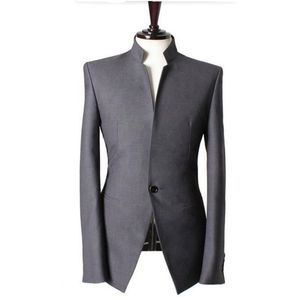 Real Photo Fique Collar Man Trabalho Suit estilo chinês Noivo Smoking Prom Blazer Mens roupas de casamento Ternos (jaqueta + calça + gravata) D: 16