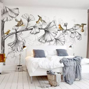 Fotoğraf Duvar Kağıdı 3D Siyah Ve Beyaz Ginkgo Yapraklar Kuşlar Resimleri Oturma odası TV Koltuk Arkaplan Duvar Ev Dekorasyonu 3D Boyama