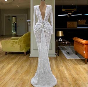 Bling Bling Evening Dresses 2020 Deep V Neck Formal Long Sleeve Prom Gowns Sexy Illusion Sequins Appliques Custom Runway Fashion Dress