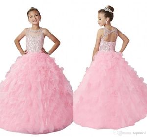 Yeni Varış Uzun Pembe Kızlar Pageant Elbiseler Açık Geri Illusion Boyun Sparkly Boncuk Ruffles Korse Düğün Çiçek Kız Elbise Ucuz