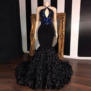Длинные келы шеи русалка выпускные платья 2022 V-образным вырезом топовый блесток аппликации цветы африканская девушка черные атласные вечерние платья