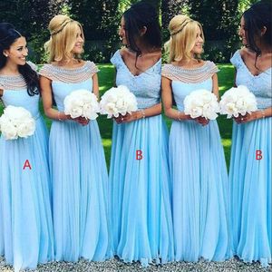Ucuz Gökyüzü Mavi Nedime Elbiseler Şifon V Boyun Kapağı Kollu Dantel İnciler İllüzyon Uzun Artı Boy Boyut Hizmetçisi Onur Önlükleri Düğün Konuk Elbise