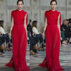 Elie saab kırmızı şifon uzun gece elbise fırfırlar yüksek boyun kat uzunluk balo pist moda kırmızı halı elbise