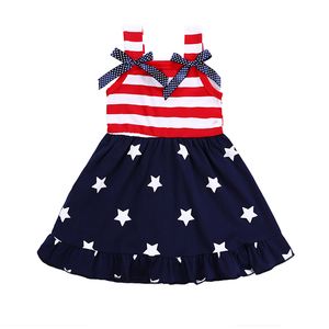 2019 Bağımsızlık Günü Kızlar Yaz Elbise Çocuk Kumaş Donome Kemer Stripes Bow Stars Pamuk Çırpma Elbise Çocuklar Butik Giysiler