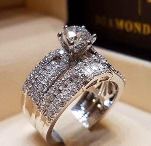 Кольца группы Vecalon Diamond Sdive Ring Set Fashion 925 Серебряное белое свадебное кольцо обетовать