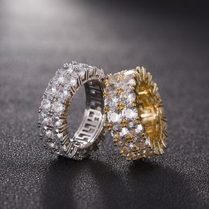 7-12 AMOR DE OURO RINGS MICRO Pavimentado 2 linhas tênis anéis de zircão Hip Hop Silver Plated tow Ring for Men Women