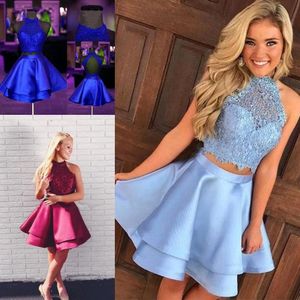 Halter Sky Mavi Homecoming Elbiseler İki Parçalı Dantel Aplike Katmanlı Saten Saten Özel Yapım Kuyruk Partisi Prom Mezuniyet Resmi Giyim