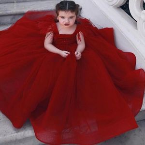 Noel Ucuz Çiçek Kız Elbise Kare Püsküller Balo Toddler Çocuk Doğum Günü Partisi Abiye Organze Örgün Kızlar Pageant Elbise