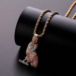 18K Gold Bunte CZ Zirkon Eule Halskette Twist Kette Multi Color Iced Out Tier Anhänger Hip Hop Rapper Schmuck Geschenke für Männer und Frauen