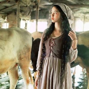 Kadınlar Vintage Pastoral Elbise Ortaçağ Kostüm Kırsal Stil Çiftlik Hizmetçisi Korsan Hizmet Wench Kostüm Hızlı Gönderi