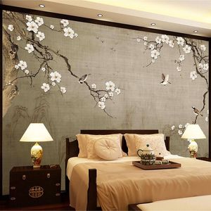 Vintage Wallpaper 3D Elle boyanmış Çince Style Plum Blossom Çiçek Kuş Fotoğraf Duvar Resmi Salon TV Koltuk Backdrop Wallpaper