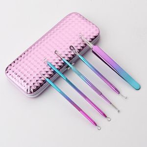 5 PCS / Ferramentas Set Blackhead Remover Jogo colorido Acne Needle Pore Cleaner comedão Pimple Extractor rosto Cuidados com o espelho caso