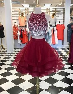 Kısa Bordo Balo Elbise 2019 İki Adet Ucuz Jewel Boyun Bling Boncuklu Korse Ruffles Etekler Organze Homecoming Parti Elbise Modelleri Örgün