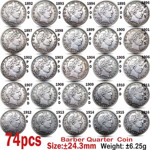 Collector's 74pcs 1892-1916 Barber Quarter Copy Coins, Antique Imitation Brass, 24mm Coin Art Collection