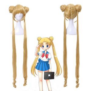 Anime Sailor Moon Tsukino Usagi Huzur Altın Uzun 2 Ponytails Cosplay Peruk