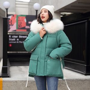 Toptan-Ficusrong Moda Mektubu Tasarım Sıcak Bayan Kış Ceketler Büyük Cep Düğmesi Kapşonlu Aşağı Parka Kürk Yaka Bayanlar Maton
