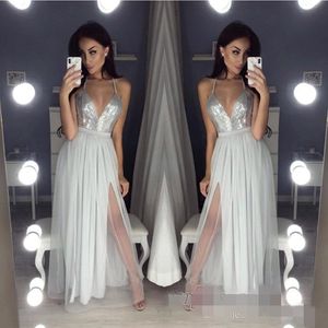 Seksi Sier Sequins Prom Elbiseler Yüksek Yan Yarık Şifon Tül Spagetti Kayışları Ucuz Uzun Akşam Tail Party Gowns 403