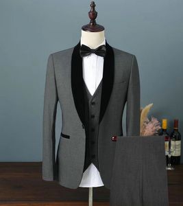 Yeni Popüler Bir Düğme Koyu Gri Damat Smokin Şal Yaka Erkekler Düğün Parti Sağdıç 3 parça Suits (Ceket + Pantolon + Yelek + Kravat) K100