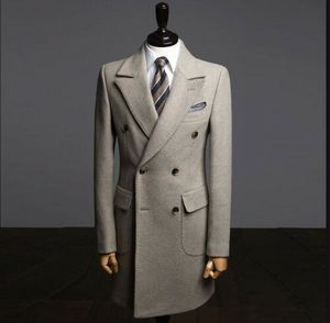 Gray Luxury British Style Men Wedding Suits Groom Wear Blazer Overcoat Trench Coat Long Wool Blend Jacket Only One Piece