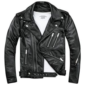 Мужские черные байкерские кожаные куртки, пальто с двойной диагональной молнией из воловьей кожи, облегающие короткие мотоциклетные пальто, мужские топы