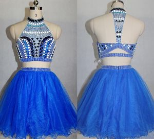Kraliyet Mavi İki Parçası Homecoming Elbiseler Yüksek Boyun Sırtsız Boncuklu Rhinestones Kristal Kokteyl Elbiseleri Kısa Balo Önlükleri Hy0871