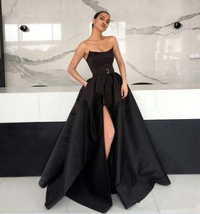 Siyah Ucuz Seksi Bir Çizgi Elbiseler Uzun Straplez Yüksek Bölünmüş Akşam Giyim Formal Elbise Abendkleider Vestido de Fiesta Bendkleider